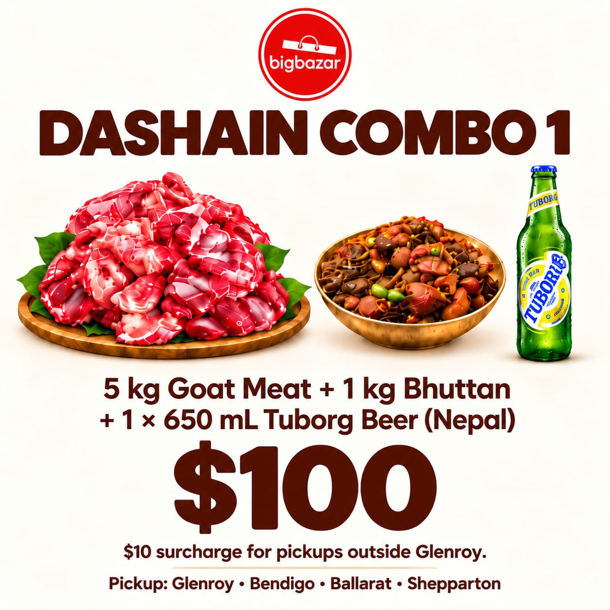 Dashain Combo - 5 kg Goat Meat + 1 kg Bhuttan + 1 × 650 mL Tuborg Beer